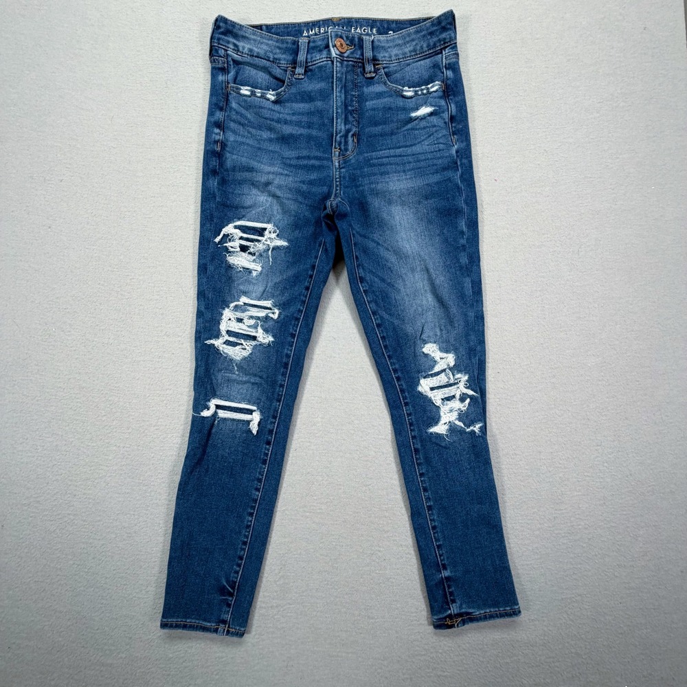 American Eagle Womens Jegging Slim Blue Distressed Hi-Rise‎ Crop 4 Regular